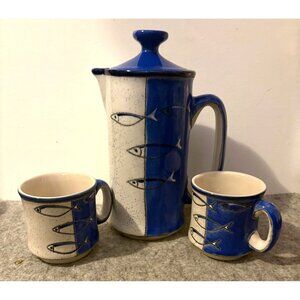 Artesa Ecuador Blue Fish Vintage Tall Teapot 9" and 2 Matching Cups  #3178